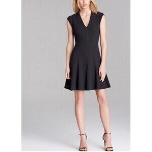 Rebecca Taylor Black Textured V Neck Cap Sleeve Fit And Flare Mini Dress…